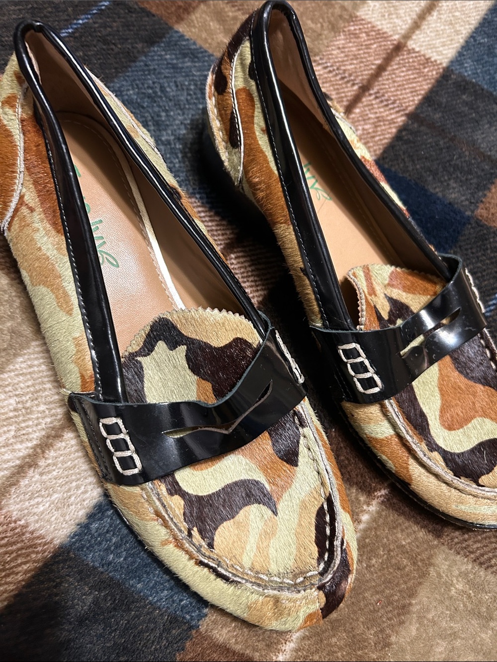 Women's Camouflage Pony Hair Penny Loafers with Black Trim